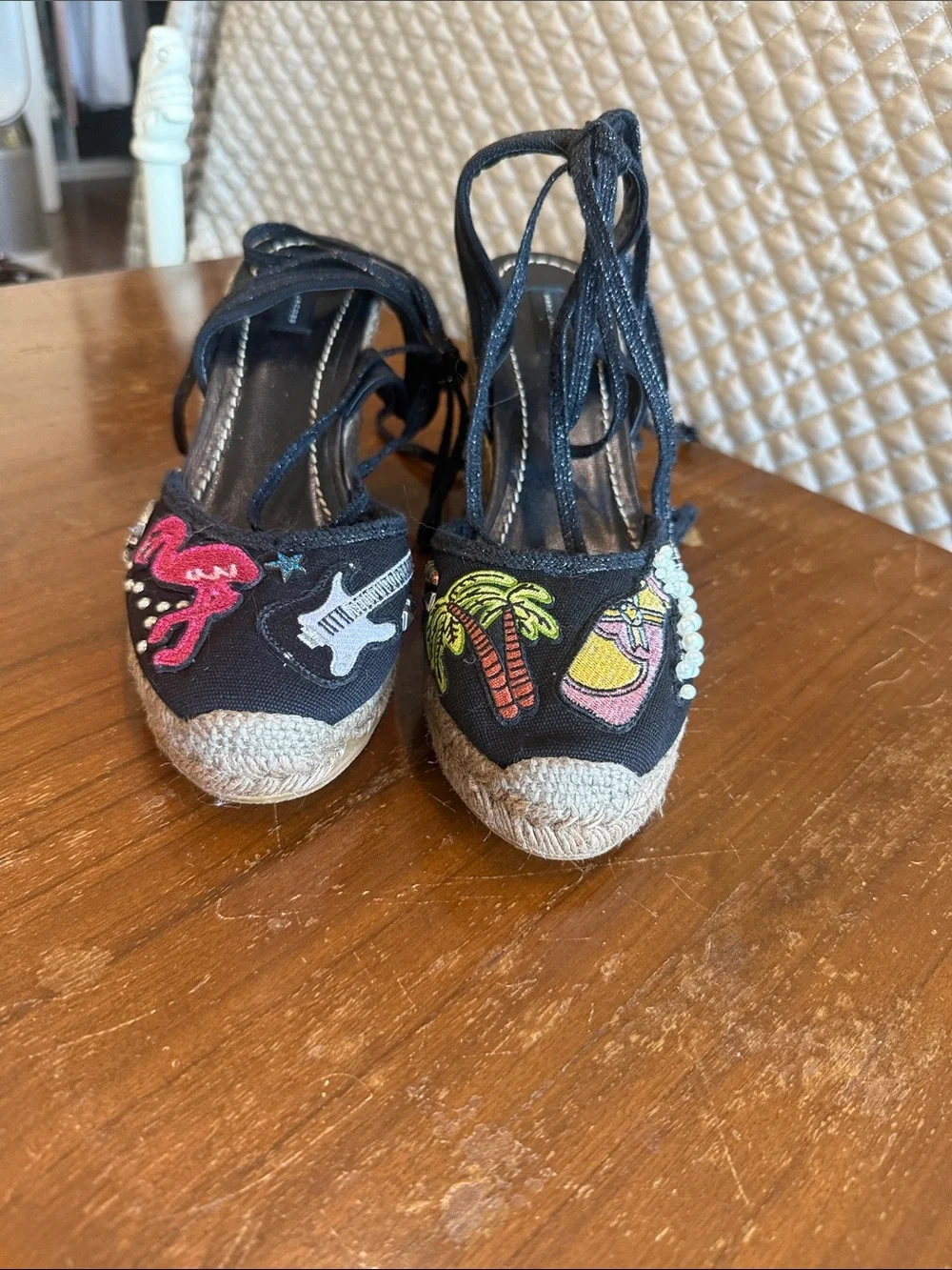 MARC JACOBS Nathalie Crystal & Pearl Embellished Raffia Espadrille Wedges